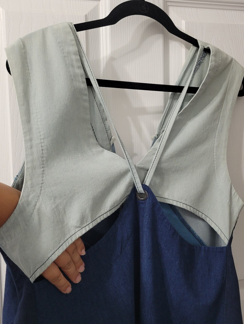 Free People Sleeveless V-Neck Colorblock Denim Dress in Mint and Blue Shades - Picture 7 of 13